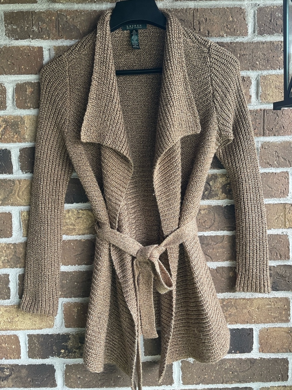 Lauren Ralph Lauren Brown Gold Knit Open-Front Belted Cardigan